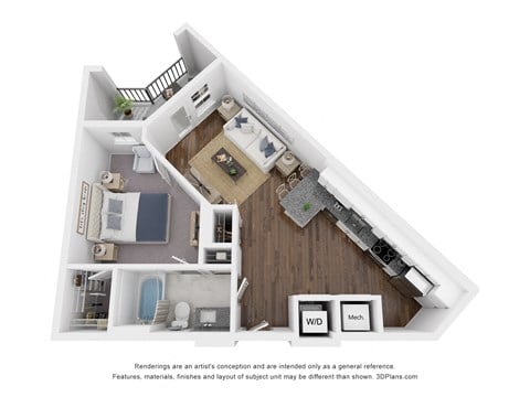 Floor plan for 1 bed, 1 bath, 660 sqft